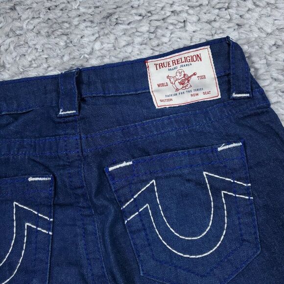 True Religion Riley Big T Raw Hem Mid Rise Bermuda Jean Shorts Dark Wash Size 27 - Picture 3 of 11